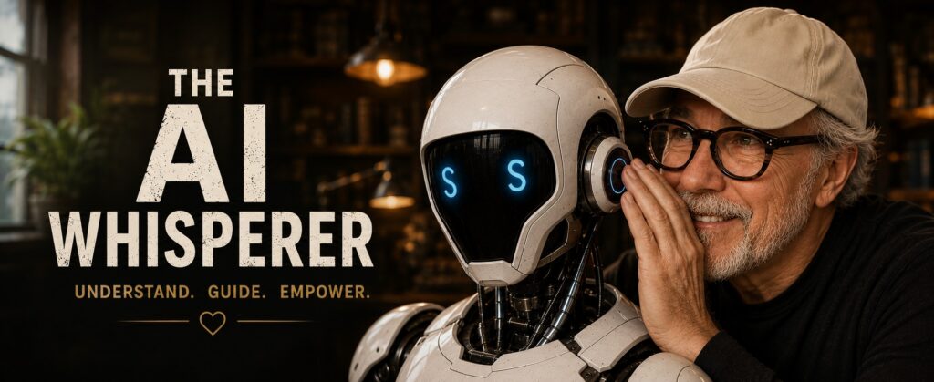 A smiling man with glasses and cap leans in to whisper to a white robot, beside the bold text 'The AI Whisperer'.
