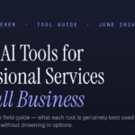 Hero banner announcing 'Top 10 AI Tools for Professional Services & Small Business' on a dark navy background with a subtitle and decorative stars.