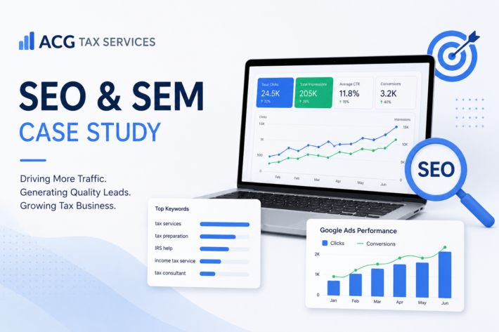 ACG Tax Services branding with the title 'SEO & SEM Case Study' and a laptop displaying performance charts.