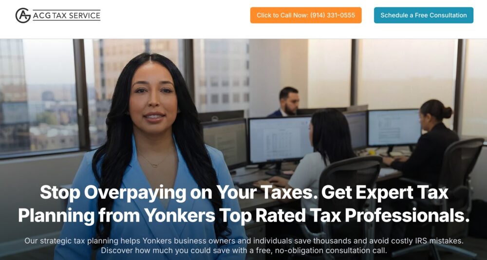 Smiling woman in a blue blazer stands in a modern office; hero overlay reads about stopping overpaying taxes and Yonkers tax professionals.