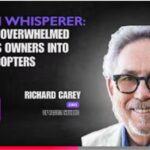 Promo thumbnail for a video titled 'The AI Whisperer: Turning Overwhelmed Business Owners into Early Adopters' with a smiling man in glasses on a dark background and a purple cube logo on the left (Richard Carey). Use for a podcast/video featuring AI adoption.